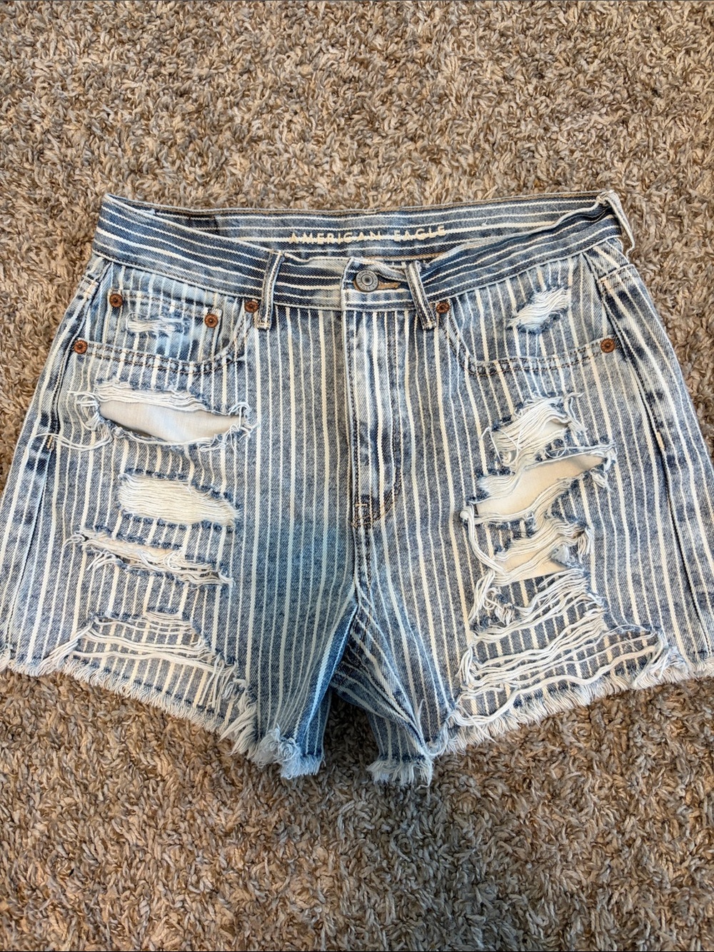American Eagle Outfitters Blue and White Striped Distressed Jean Shorts Size 4